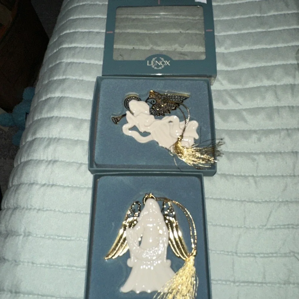 2 Lenox Ornaments Angels Playing Lute Wings BOX Porcelain 1990s Vintage USA
